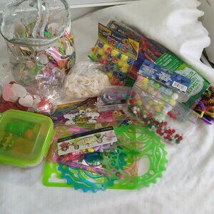 Craft kit: pompons/seashells/satin laces/foam & felt shapes/rubber stamps...